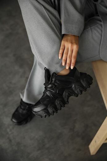 996 Zik Zak Taban Günlük Kadın Spor Ayakkabı  Siyah Deri resmi