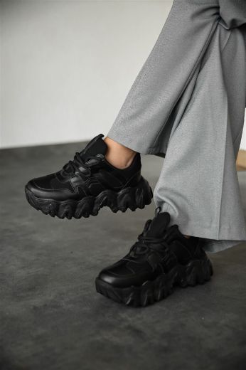 996 Zik Zak Taban Günlük Kadın Spor Ayakkabı  Siyah Deri resmi