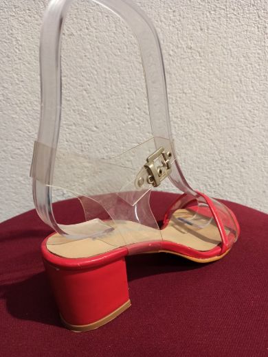 3301 Şeffaf Detay Alçak Topuklu Kadın Ayakkabı  Kırmızı Deri resmi