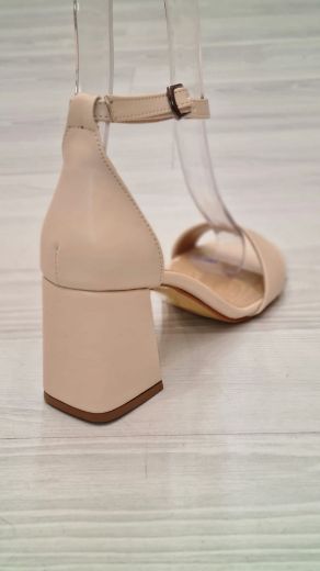 6300 8Cm Tek Bant Kalın Topuk Sandalet Ayakkabı  Bej Deri  resmi