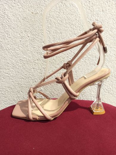 453 Şampanya Topuk Bilek Bağlı Kadın Yaz Ayakkabı  PUDRA DERI resmi