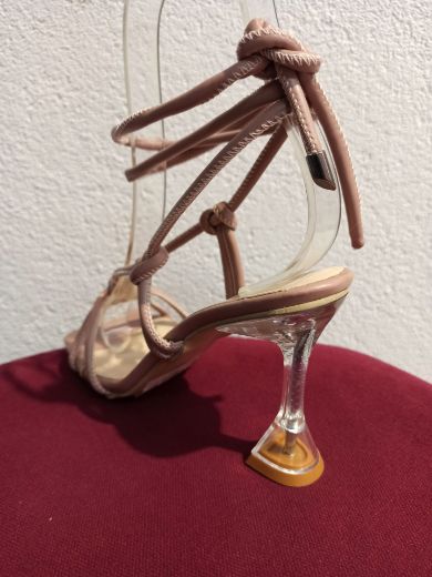 453 Şampanya Topuk Bilek Bağlı Kadın Yaz Ayakkabı  PUDRA DERI resmi