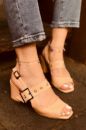 455 Toka Detay Kalın Topuk Yazlık Kadın Ayakkabı  Bej Deri 