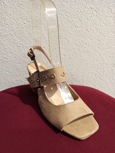 455 Toka Detay Kalın Topuk Yazlık Kadın Ayakkabı  BEJ SÜET resmi