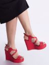 1070 Dolgu Topuk 11 Cm Çapraz Bant Kadın Sandalet  Kırmızı Deri