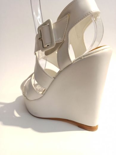 8888 Dolgu Topuk 11 Cm Toka Detay Kadın Sandalet  Beyaz Deri resmi