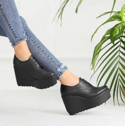 102 Dolgu Topuk 9 Cm Günlük Kadın Bot Ayakkabı  Siyah Deri resmi
