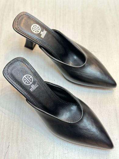 035 Ince Topuk Günlük Rahat Kadın Terlik Ayakkabı  Siyah Deri resmi