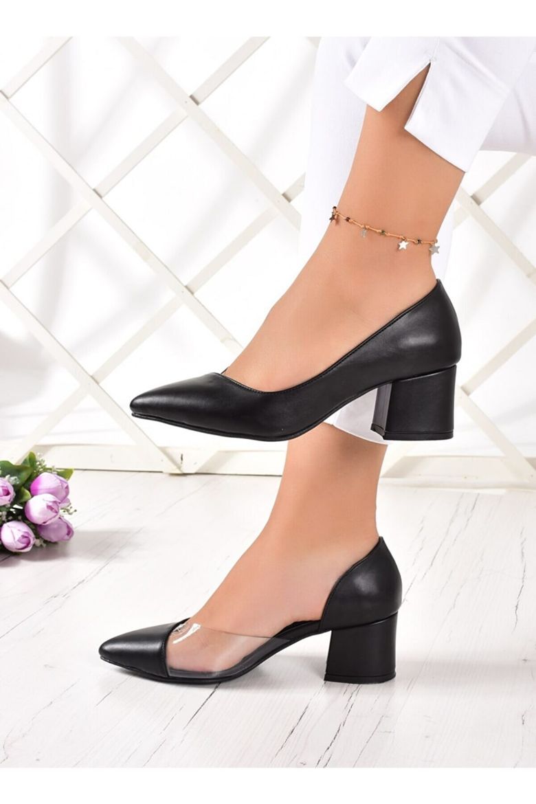 354 Şeffaf Yan Detay Kalın Topuk Kadın Ayakkabı  Siyah Deri resmi