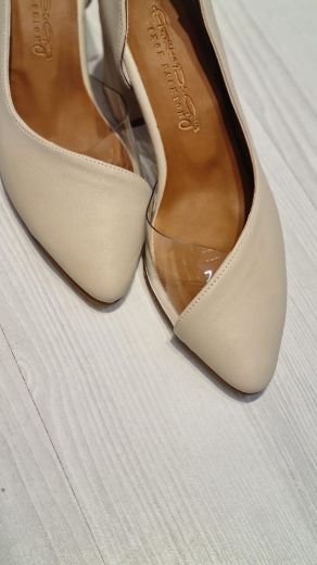 354 Şeffaf Yan Detay Kalın Topuk Kadın Ayakkabı  Bej Deri  resmi