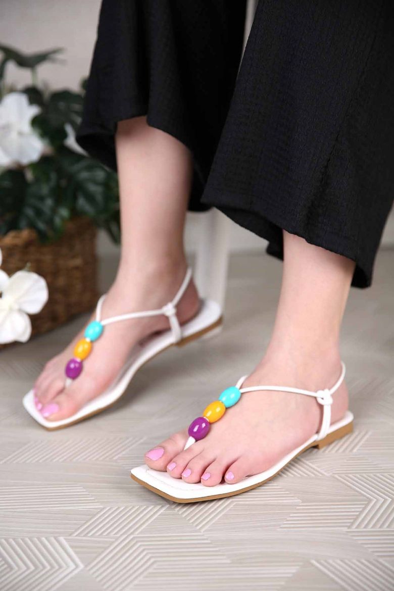 427 Renkli 3 Boncuklu Parmak Arası Kadın Sandalet  BEYAZ DERİ resmi