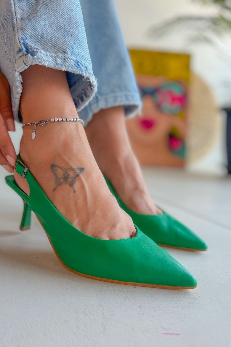 467 Zara Model Rahat Günlük Topuklu Kadın Ayakkabı  YEŞİL DERİ resmi