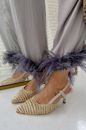 468 Örgü Model Rahat Günlük Topuklu Kadın Ayakkabı  Bej resmi