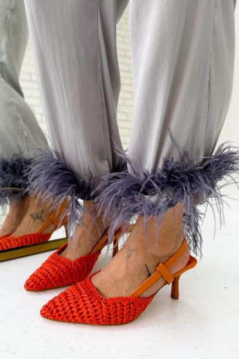 468 Örgü Model Rahat Günlük Topuklu Kadın Ayakkabı  Turuncu resmi