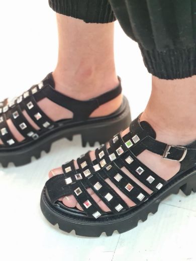471 Kare Taş Kafes Detay Kadın Sandalet Ayakkabı  SİYAH resmi