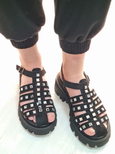 471 Kare Taş Kafes Detay Kadın Sandalet Ayakkabı  SİYAH resmi