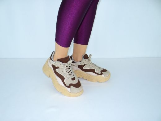 901 Iki Renk Kalın Krep Taban Kadın Spor Ayakkabı  BEJ KAHVE resmi