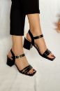 459 Üç Bant Kalın 5Cm Topuk Kadın Sandalet Ayakkab  Siyah Deri