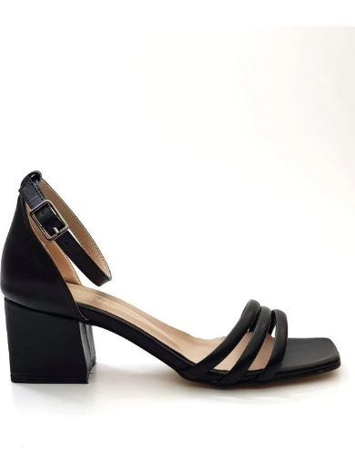 459 Üç Bant Kalın 5Cm Topuk Kadın Sandalet Ayakkab  Siyah Deri resmi