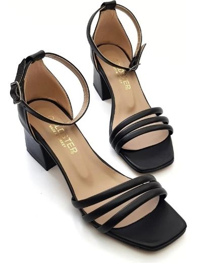 459 Üç Bant Kalın 5Cm Topuk Kadın Sandalet Ayakkab  Siyah Deri resmi