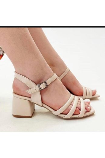 459 Üç Bant Kalın 5Cm Topuk Kadın Sandalet Ayakkab  NUDE resmi