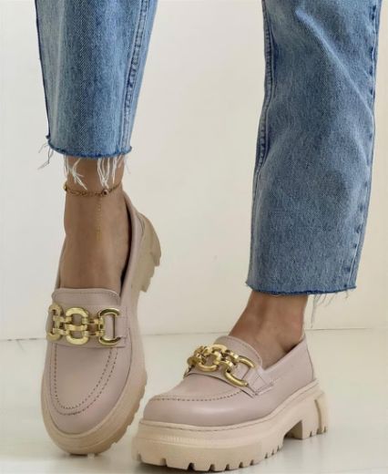 588 Günlük Rahat Kullanışlı Kadın Loafer Ayakkabı   Bej Deri  resmi