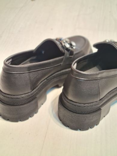 589 Taşlı Günlük Kullanışlı Kadın Loafer Ayakkabı   SİYAH DERİ resmi