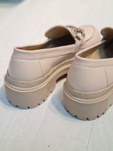 589 Taşlı Günlük Kullanışlı Kadın Loafer Ayakkabı   Bej Deri  resmi