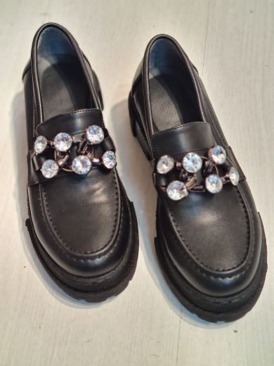 590 Taşlı Günlük Kullanışlı Kadın Loafer Ayakkabı   SİYAH DERİ resmi