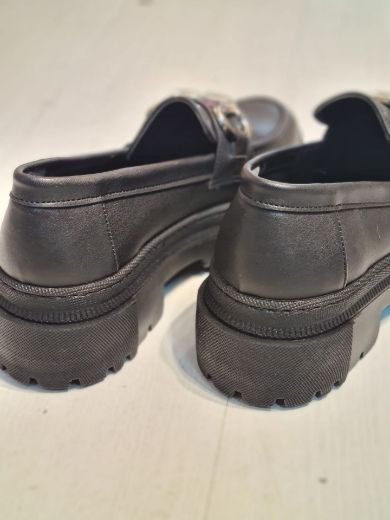 591 Taşlı Günlük Kullanışlı Kadın Loafer Ayakkabı   SİYAH DERİ resmi