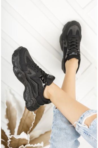 238 Kalın Taban Günlük Rahat Kadın Sneaker  Siyah Deri resmi