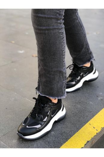 228 Kalın Taban Günlük Kadın Spor Sneakers Ayakka  Siyah Deri resmi
