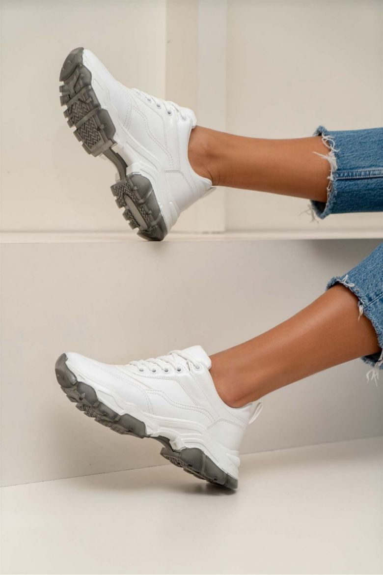 229 Günlük Bağcıklı Kadın Sneakers Spor Ayakkabı  BEYAZ DERİ resmi