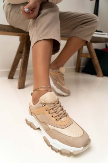 229 Günlük Bağcıklı Kadın Sneakers Spor Ayakkabı  BEJ SÜET resmi