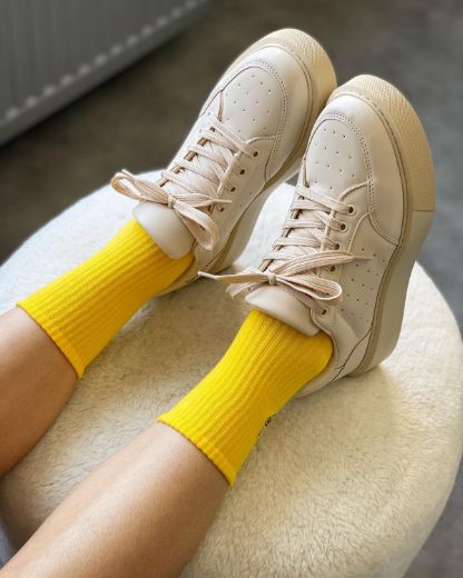 234-Z  Kalın Taban Bağcıklı Kadın Spor Ayakkabı  Bej Deri  resmi