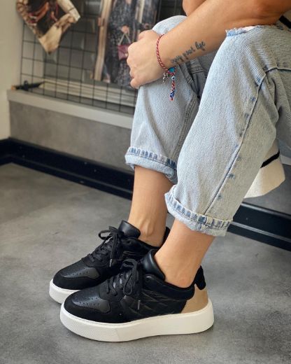 246 Kalın Taban Sneaker Kadın Rahat Spor Ayakkabı   SİYAH BEJ resmi