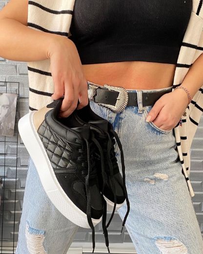 246 Kalın Taban Sneaker Kadın Rahat Spor Ayakkabı   SİYAH BEJ resmi