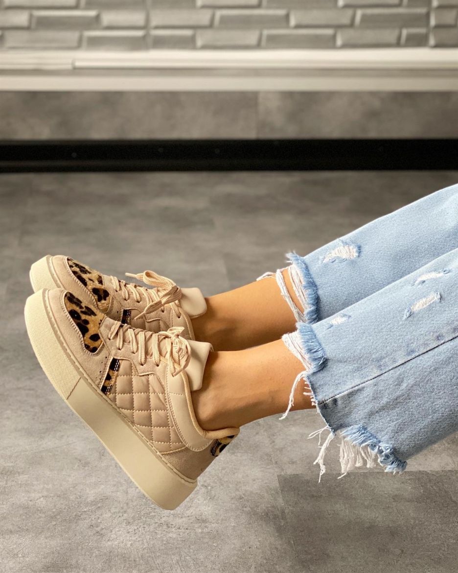 246 Kalın Taban Sneaker Kadın Rahat Spor Ayakkabı   BEJ LEOPAR resmi