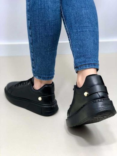 247 Kalın Taban Günlük Rahat Sneaker Kadın Ayakkab  SİYAH DERİ resmi