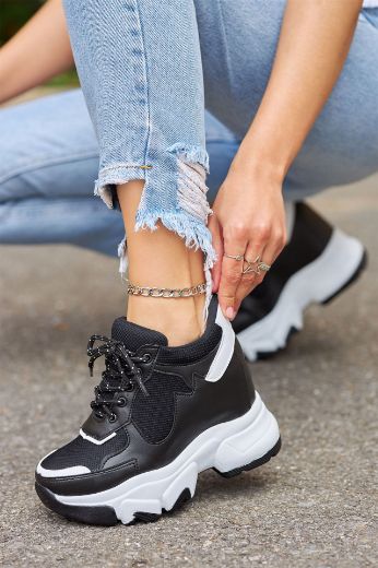 998 Gizli Topuk Kalın Taban Kadın Spor Ayakkabı  Siyah Deri resmi
