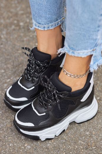 998 Gizli Topuk Kalın Taban Kadın Spor Ayakkabı  Siyah Deri resmi