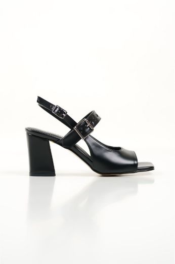 265 Kalın Topuk Rahat 7 Cm Kadın Sandalet Ayakkabı  Siyah Deri resmi