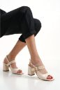 265 Kalın Topuk Rahat 7 Cm Kadın Sandalet Ayakkabı  Bej Deri 