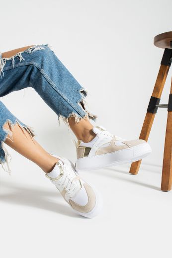 593 Spor Tabanlı Sneaker Rahat Kadın  Ayakkabı  BEJ BEYAZ DERİ resmi