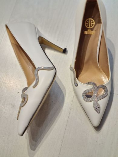 023  Günlük Rahat Kullanışlı 8 Cm Kadın Stiletto  YILANLI BEYAZ resmi